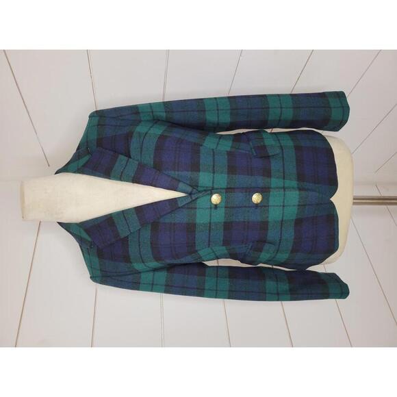 J Crew size 8 Petite green & navy blue tartan plaid 2 button blazer - Picture 1 of 4
